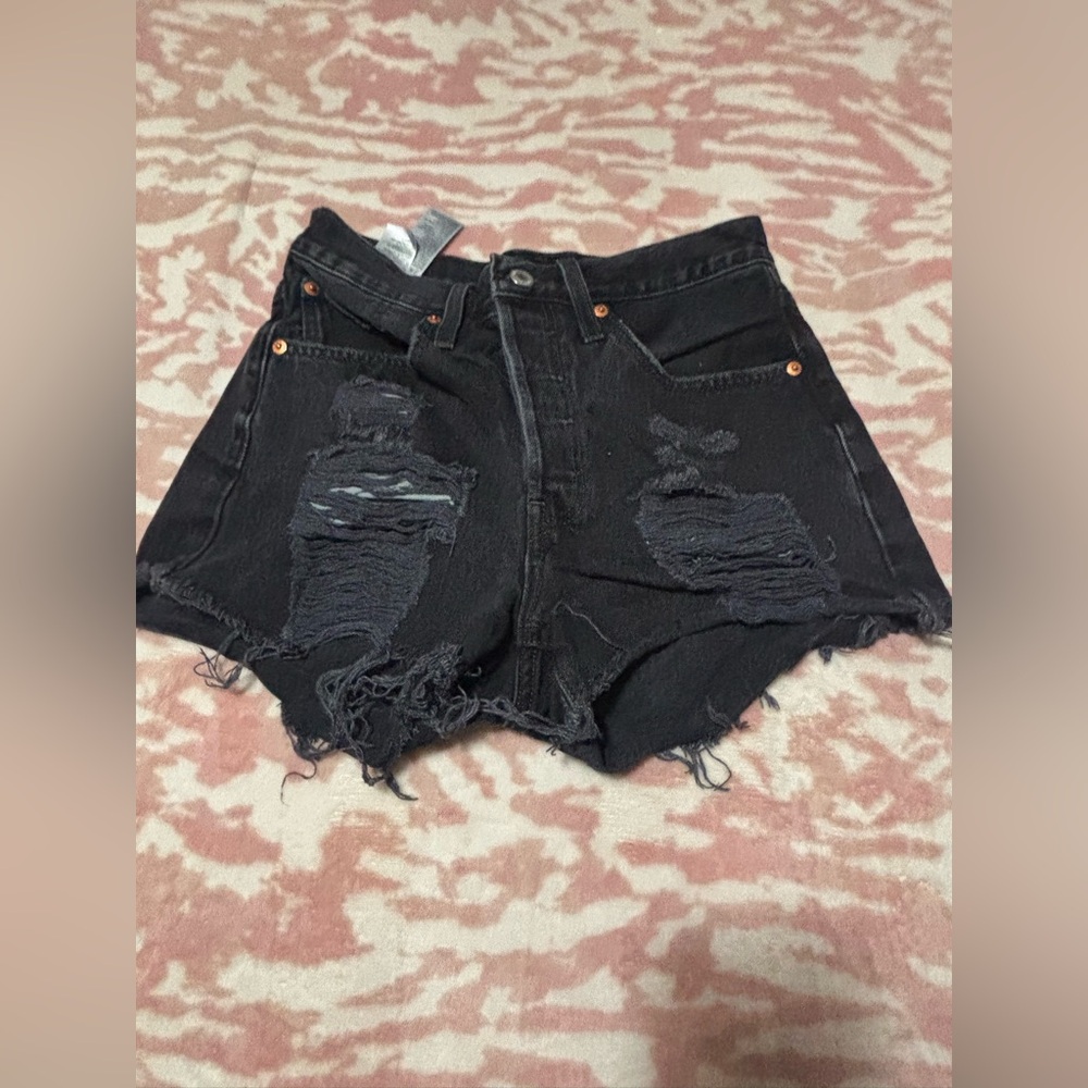 Levi’s High-Rise Distressed Black Denim Shorts